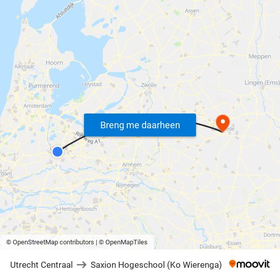 Utrecht Centraal to Saxion Hogeschool (Ko Wierenga) map