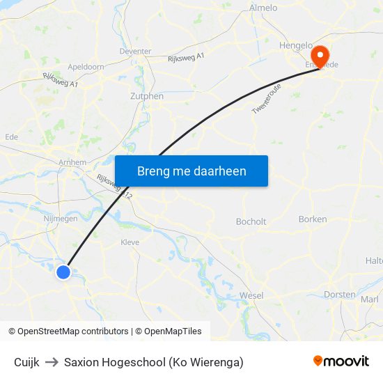 Cuijk to Saxion Hogeschool (Ko Wierenga) map