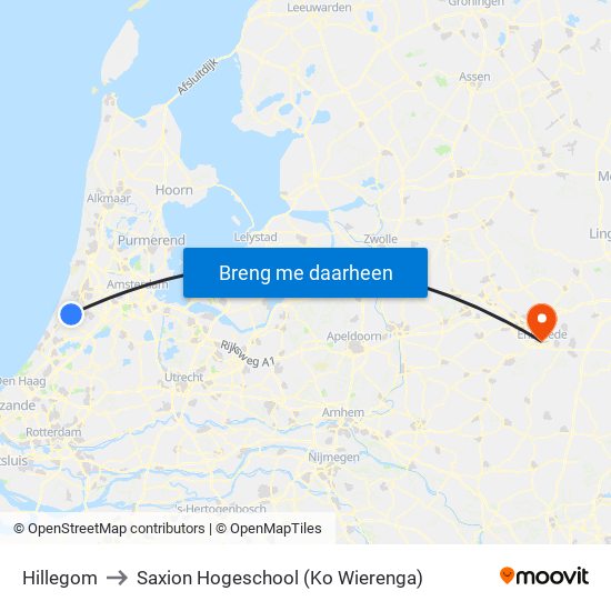 Hillegom to Saxion Hogeschool (Ko Wierenga) map