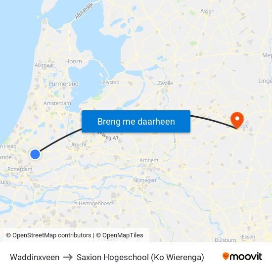 Waddinxveen to Saxion Hogeschool (Ko Wierenga) map