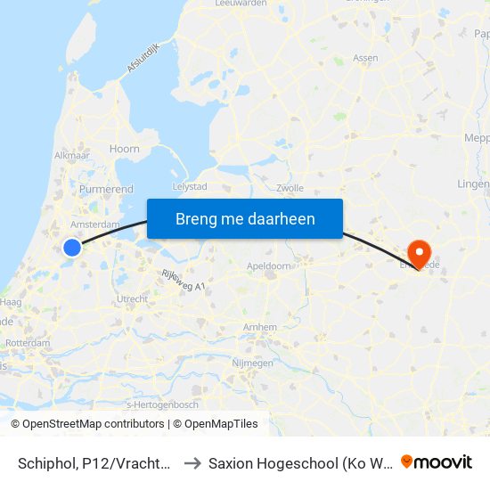 Schiphol, P12/Vrachtgebouw to Saxion Hogeschool (Ko Wierenga) map
