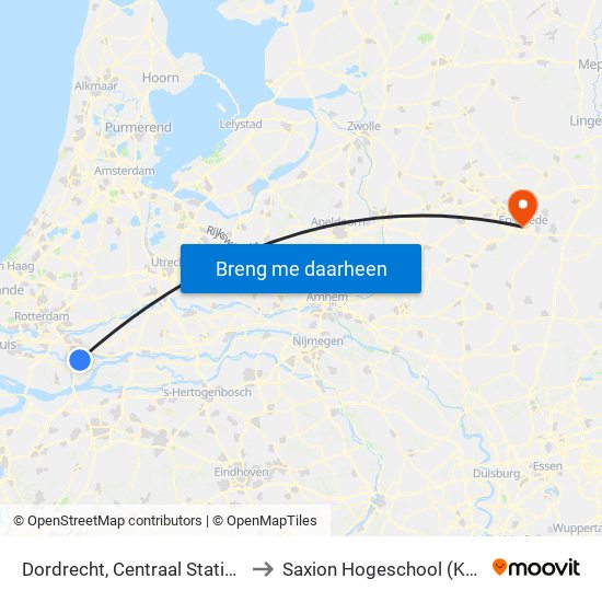 Dordrecht, Centraal Station (Perron D) to Saxion Hogeschool (Ko Wierenga) map