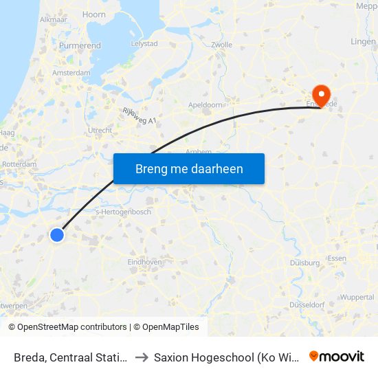 Breda, Centraal Station (K) to Saxion Hogeschool (Ko Wierenga) map