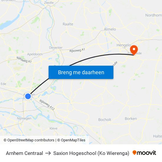 Arnhem Centraal to Saxion Hogeschool (Ko Wierenga) map