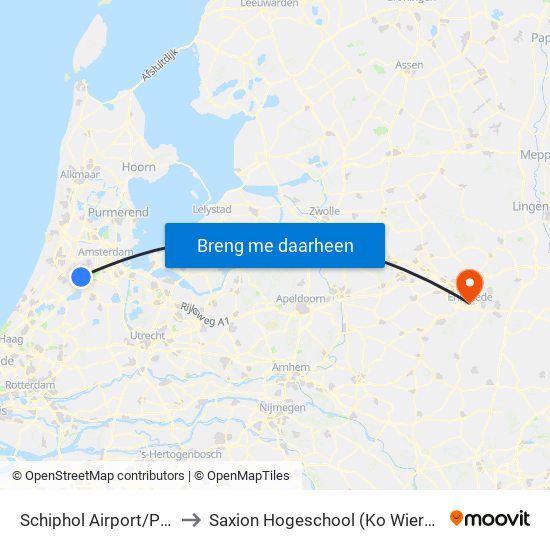Schiphol Airport/Plaza to Saxion Hogeschool (Ko Wierenga) map