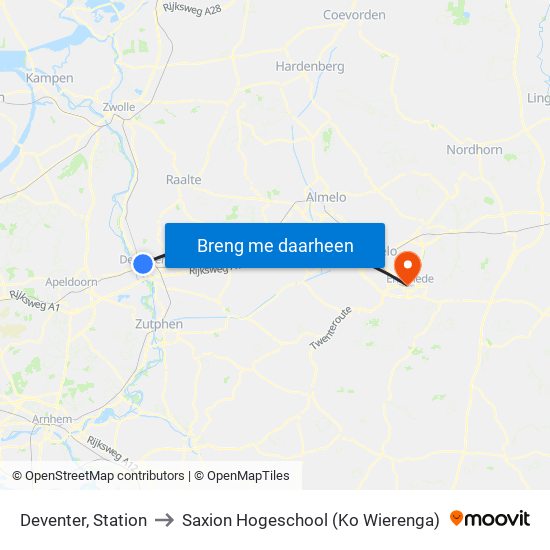 Deventer, Station to Saxion Hogeschool (Ko Wierenga) map