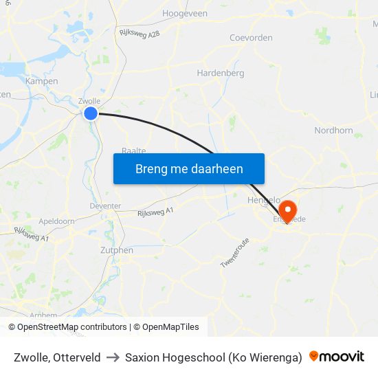 Zwolle, Otterveld to Saxion Hogeschool (Ko Wierenga) map