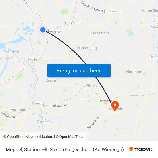 Meppel, Station to Saxion Hogeschool (Ko Wierenga) map