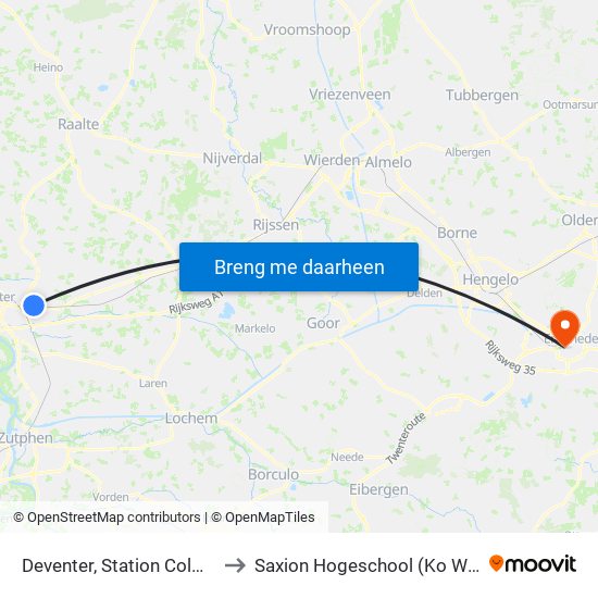 Deventer, Station Colmschate to Saxion Hogeschool (Ko Wierenga) map