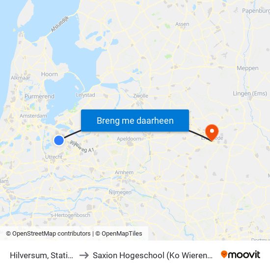 Hilversum, Station to Saxion Hogeschool (Ko Wierenga) map