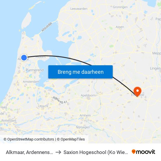 Alkmaar, Ardennenstraat to Saxion Hogeschool (Ko Wierenga) map