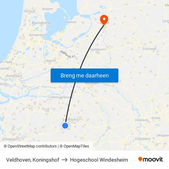 Veldhoven, Koningshof to Hogeschool Windesheim map