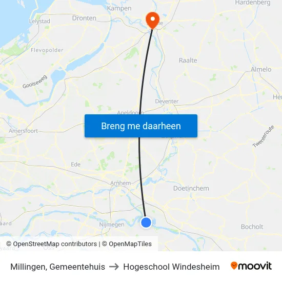 Millingen, Gemeentehuis to Hogeschool Windesheim map