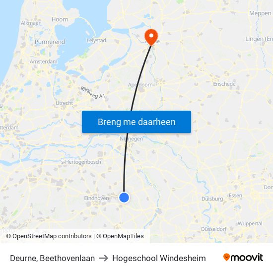 Deurne, Beethovenlaan to Hogeschool Windesheim map