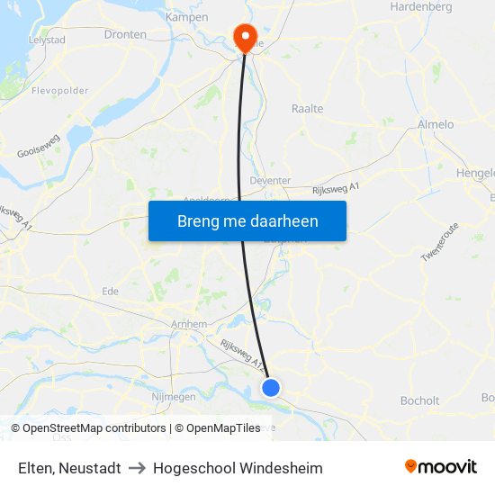 Elten, Neustadt to Hogeschool Windesheim map
