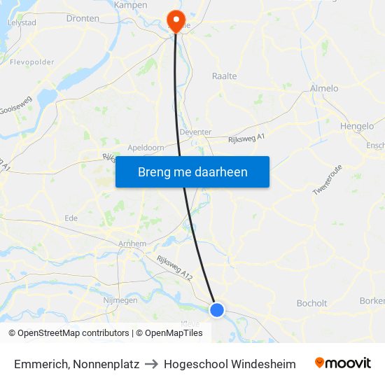 Emmerich, Nonnenplatz to Hogeschool Windesheim map