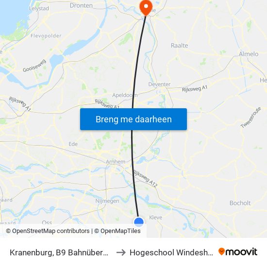Kranenburg, B9 Bahnübergang to Hogeschool Windesheim map