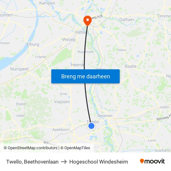 Twello, Beethovenlaan to Hogeschool Windesheim map