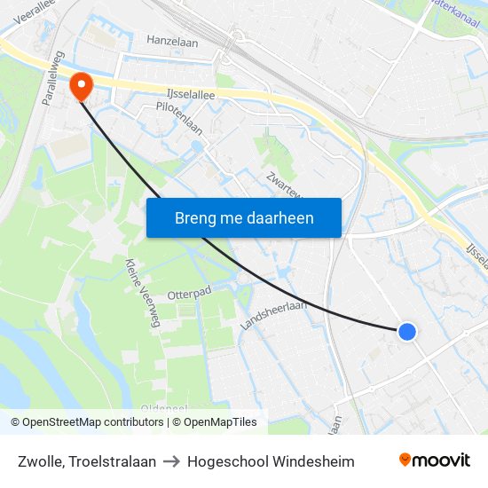 Zwolle, Troelstralaan to Hogeschool Windesheim map