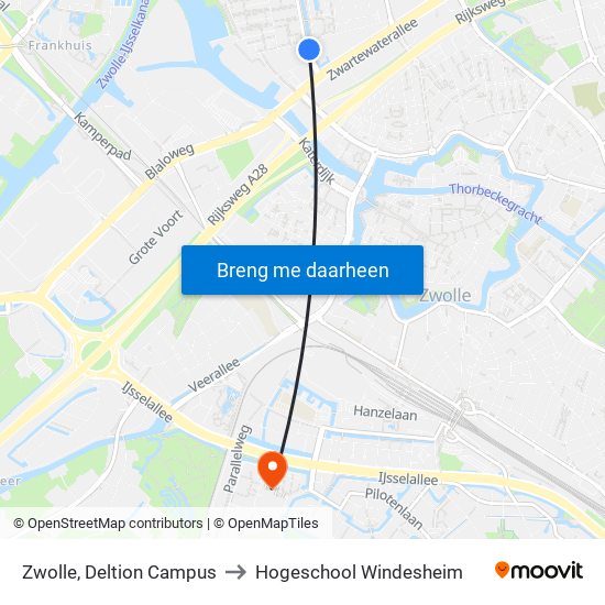 Zwolle, Deltion Campus to Hogeschool Windesheim map