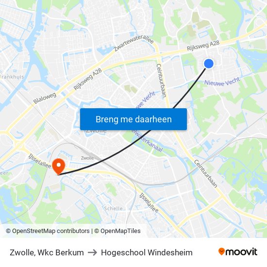 Zwolle, Wkc Berkum to Hogeschool Windesheim map