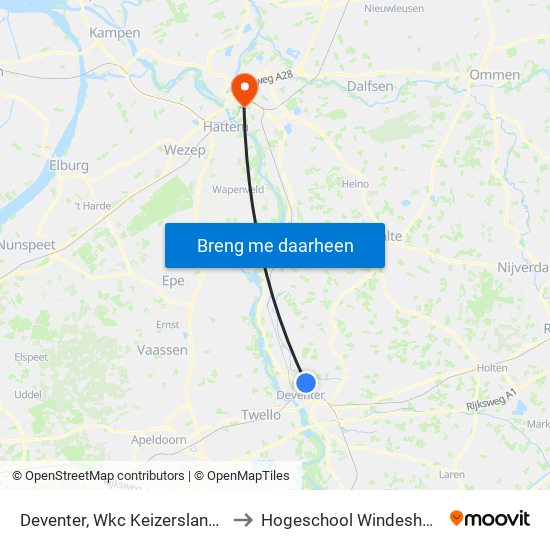 Deventer, Wkc Keizerslanden to Hogeschool Windesheim map