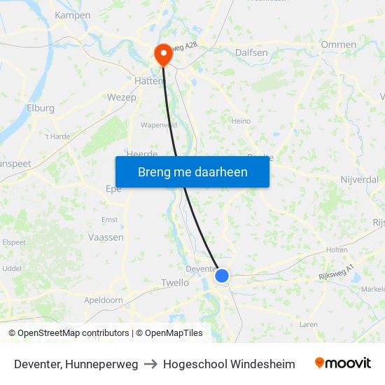 Deventer, Hunneperweg to Hogeschool Windesheim map