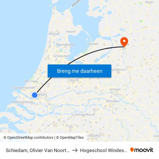 Schiedam, Olivier Van Noortstraat to Hogeschool Windesheim map