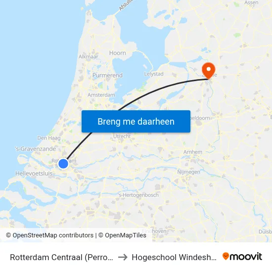 Rotterdam Centraal (Perron E) to Hogeschool Windesheim map