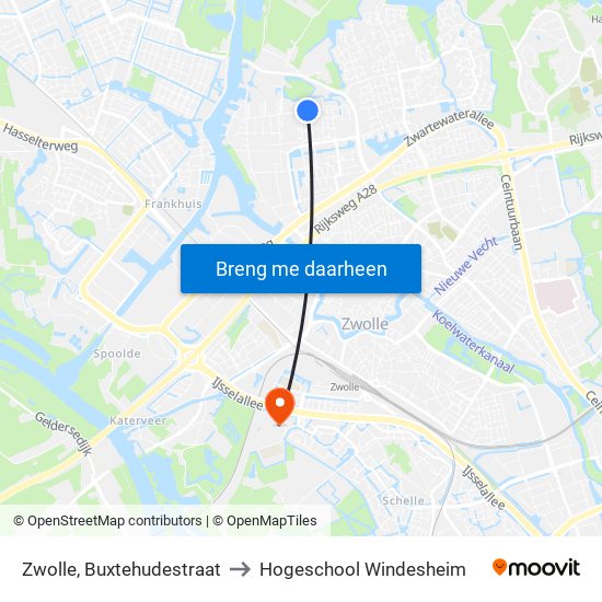 Zwolle, Buxtehudestraat to Hogeschool Windesheim map