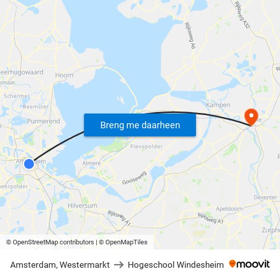 Amsterdam, Westermarkt to Hogeschool Windesheim map