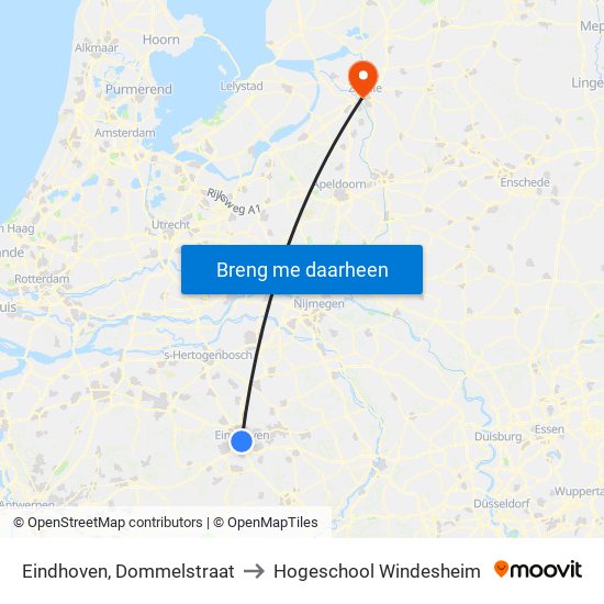 Eindhoven, Dommelstraat to Hogeschool Windesheim map