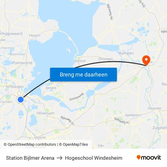 Station Bijlmer Arena to Hogeschool Windesheim map
