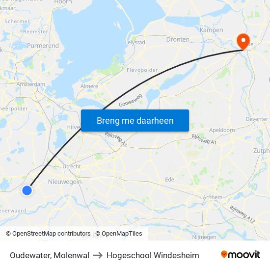 Oudewater, Molenwal to Hogeschool Windesheim map