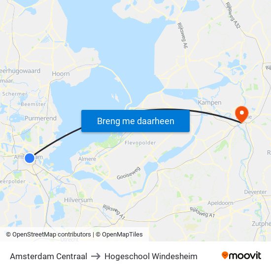 Amsterdam Centraal to Hogeschool Windesheim map