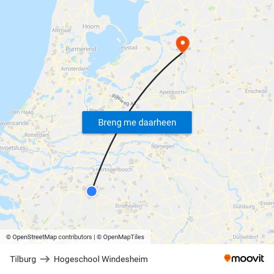 Tilburg to Hogeschool Windesheim map