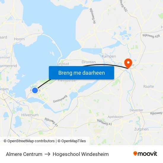 Almere Centrum to Hogeschool Windesheim map