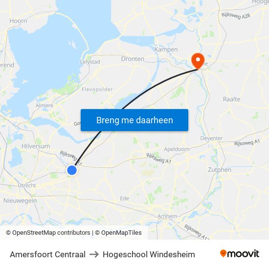Amersfoort Centraal to Hogeschool Windesheim map