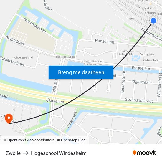 Zwolle to Hogeschool Windesheim map