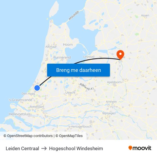 Leiden Centraal to Hogeschool Windesheim map