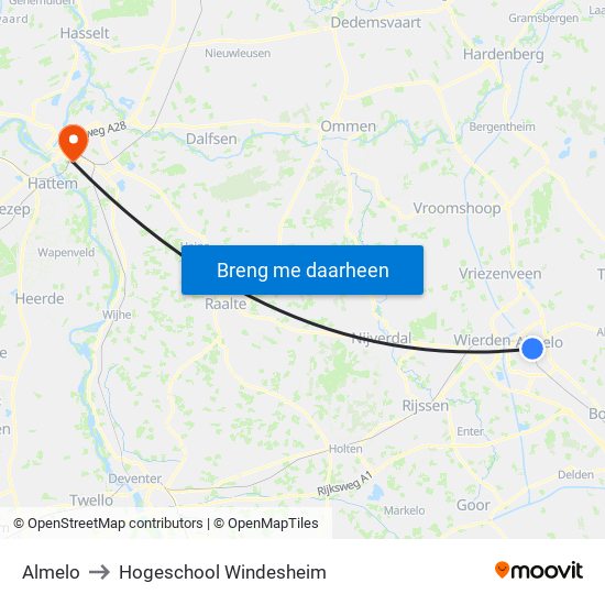 Almelo to Hogeschool Windesheim map