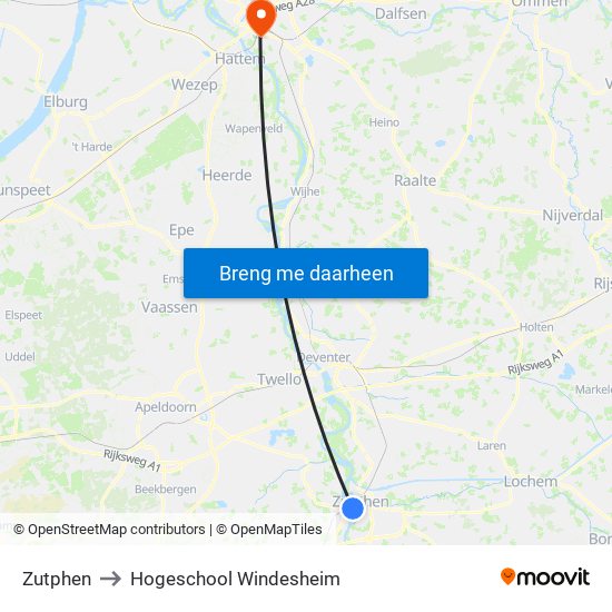 Zutphen to Hogeschool Windesheim map