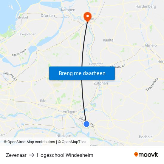 Zevenaar to Hogeschool Windesheim map