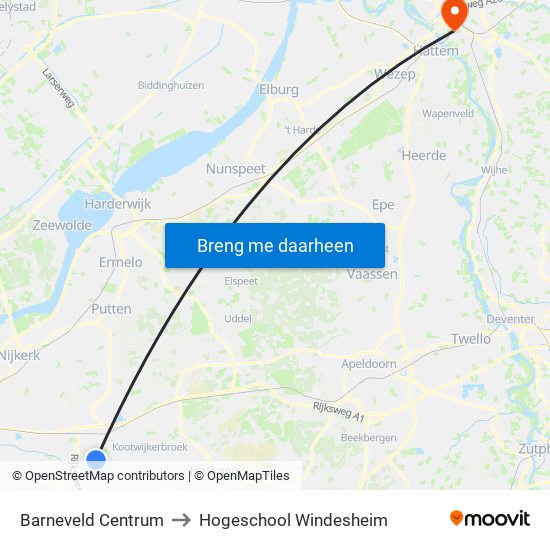 Barneveld Centrum to Hogeschool Windesheim map