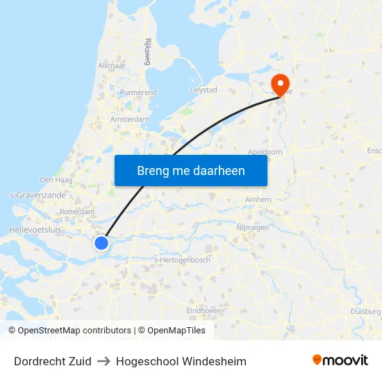 Dordrecht Zuid to Hogeschool Windesheim map