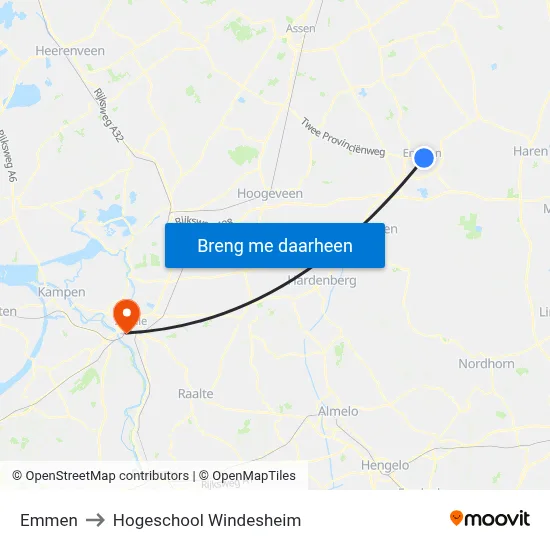 Emmen to Hogeschool Windesheim map