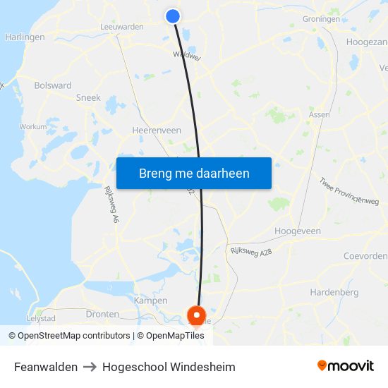 Feanwalden to Hogeschool Windesheim map