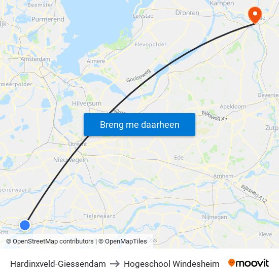 Hardinxveld-Giessendam to Hogeschool Windesheim map