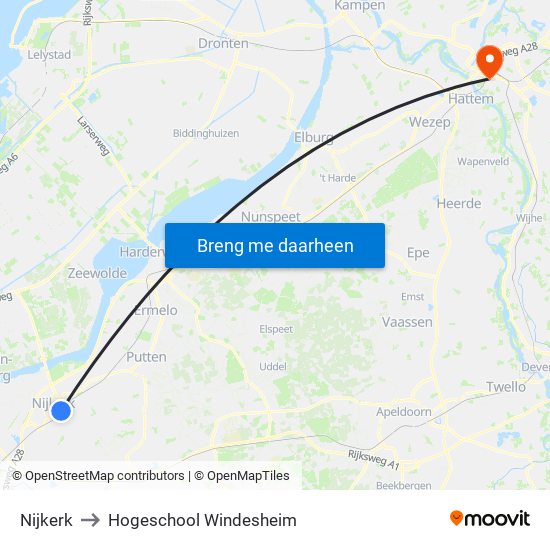 Nijkerk to Hogeschool Windesheim map