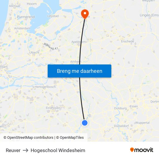 Reuver to Hogeschool Windesheim map